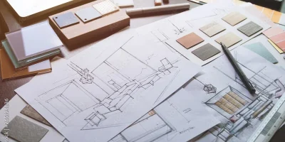 Auf einem Tisch sind Architekturskizzen und Designbeispiele ausgebreitet, darunter Farbmuster, ein Stift und ein Aquarellkasten, was an eine Innenarchitektur-Planungssitzung erinnert.