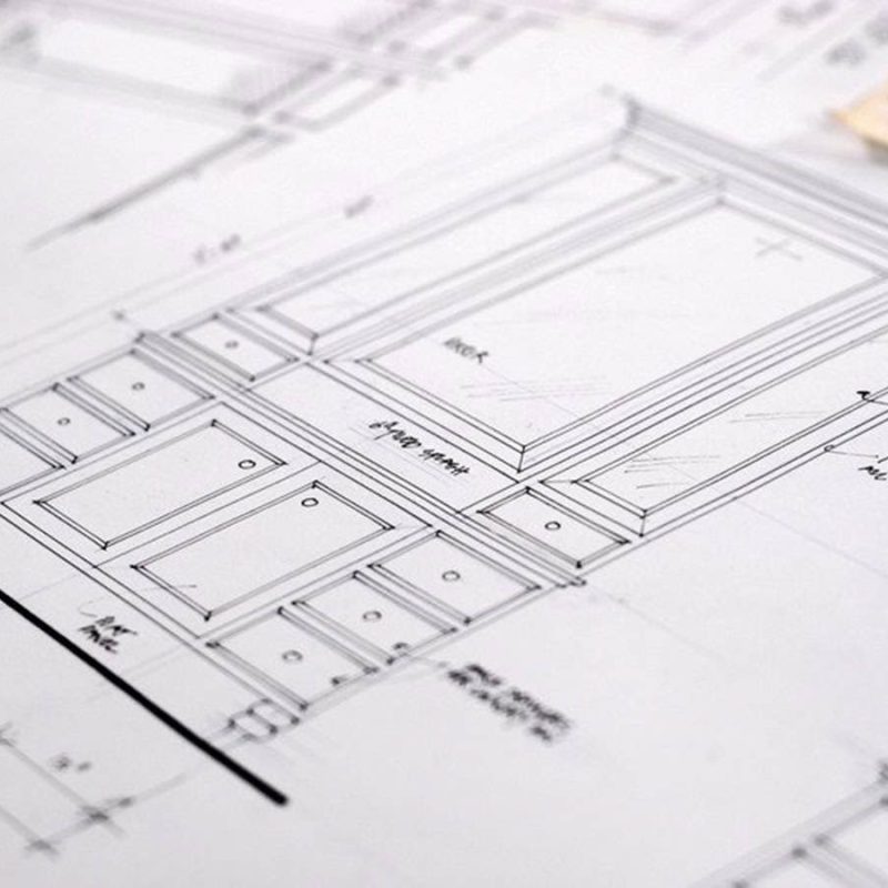 Cabinet Blueprints Architektonischer Entwurf eines Küchenschrankdesigns mit detaillierten Maßen und Anmerkungen auf weißem Hintergrund.